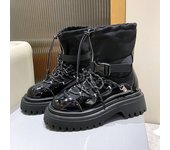 Botas de moto de moda para mujer, botas de invierno 2024 con cordones y hebilla, botines vaqueros de charol con suela gruesa. 35 marrón
