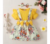 Mono infantil de manga larga Vestido con tirantes y lazo para bebé Vestido con estampado floral Tres conjuntos 0-3M rojo oscuro