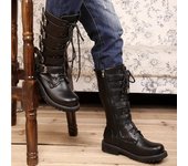 Botas altas con hebilla de cinturón para otoño e invierno, botas de moto de cuero para hombre, botas de combate hasta media pantorrilla, botas punk con cinturón gótico, zapatos para hombre 37 negro