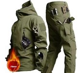 Trajes de montañismo al aire libre de otoño e invierno para hombre, ropa de trabajo, trajes de algodón de gran tamaño, chaquetas térmicas + pantalones térmicos, conjunto de 2 piezas L negro