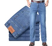 Vaqueros elásticos de algodón ligeros y rectos para hombre, Vaqueros informales de negocios, de cintura alta, finos, color gris claro, primavera y verano 29 azul claro