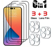 6 en 1 [3 lentes de vidrio + 3 cristales de pantalla] Protector de pantalla completa Película de vidrio templado para Apple iPhone 16 15 14 13 12 11 Pro Max Promax Plus mini For iphone 14 Plus negro