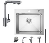 Fregadero de cocina de un solo seno de 50 x 45 cm de acero inoxidable cepillado, grifo mezclador extraíble con 2 funciones de rociado