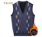 Chaleco de punto para hombre, sin mangas, con cuello en V, forro de felpa grueso, chaleco con patrones de líneas de rombos, chaleco de invierno L caqui