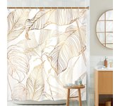 Juego de cortina de ducha impermeable con diseño de hojas tropicales doradas y blancas de 1/4 piezas, juego decorativo para baño, alfombra antideslizante, funda de inodoro, alfombrilla de baño y 12 ganchos. W72inch*H72inch