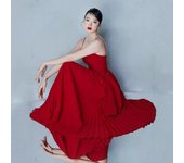 Red Suspender Dress with Floral Pleats by Vietnamese Designer - Style 30144 XL rojo