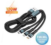 Cable de carga rápida USB 3 en 1 de 120 W y 1,2 m, tipo C, Lightning, micro USB, cable de datos para iPhone 16, 15, Realme, Samsung, Huawei 1.2m negro
