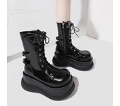 Botas de plataforma de cuero para mujer 2024 nuevas botas de tobillo de invierno estilo gótico zapatos cortos botas de motocicleta de metal botas punk gruesas de punta redonda 34 negro