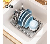 Escurreplatos con soporte para cubiertos, gran capacidad, resistente, extensible, con escurridor. gris