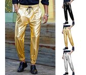 Pantalones de rendimiento para hombre, con cordón, cintura elástica, banda en el tobillo y bolsillos, superficie brillante, pantalones de discoteca, pantalones de cosplay para fiestas en escenarios y discotecas S negro