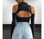 Chica picante de mujer de otoño europea y americana ahueca hacia fuera el mono adelgazante de cuello medio alto de manga larga sin espalda y hombros descubiertos S negro
