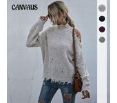 Otoño e Invierno Suéter de Mujer Suelto Sin Tirantes Agujero Manga Larga Cuello Alto Suéter de Punto L negro