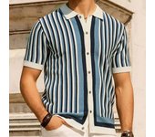 Polos de punto de lujo para hombre, camisas casuales vintage con solapa y botones, de verano, con rayas y empalme de color, de manga corta XXXL negro