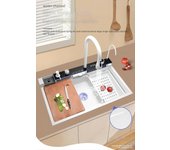 Fregadero de cocina multifuncional blanco nano de acero inoxidable 304, fregadero individual grande, grifo de cascada digital integrado para cocina