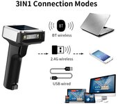 Escáner de código de barras 2D 1D QR con pantalla con base de carga 3 en 1 BT y 2,4 GHz inalámbrico y cableado varios colores
