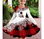 Vestido de princesa infantil con cuello redondo y estampado de muñeco de nieve a cuadros 3D informal para niña de otoño 80 rojo
