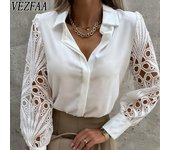 VEZFAA Blusas y camisas de cuello tipo polo de manga larga con encaje y estampado de colores sólidos para mujer, moda informal de verano y primavera S blanco