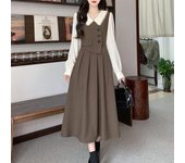 Chaleco con cuello de muñeca, vestido falso de dos piezas con costuras, falda larga de temperamento elegante y grande para otoño e invierno M marrón