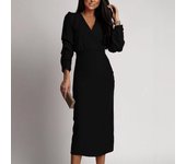 Nuevos vestidos de noche elegantes con escote en V y mangas largas de color liso para mujer, otoño e invierno S negro