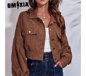 GMXIA Chaquetas y abrigos con cuello tipo POLO de manga larga para otoño e invierno con estampado de Color sólido informal vintage para mujer S marrón