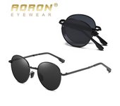 AORON Gafas de sol polarizadas plegables para hombres, mujeres, parejas, montura redonda, gafas negras