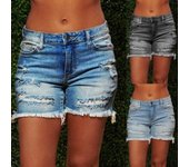 Pantalones cortos vaqueros elásticos de cintura alta con flecos rotos para mujer, ropa informal de verano L