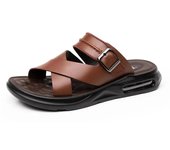 2024 zapatos de verano de cuero genuino, sandalias planas antideslizantes de cuero suave para hombre, sandalias de playa, zapatos de vacaciones, negro, marrón, A4613 6.5 negro