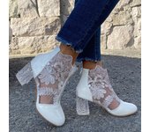 Sandalias de primavera/verano para mujer, sandalias de gasa con encaje con diamantes de imitación a la moda, botas de malla de tacón grueso, zapatos bordados con flores huecas 35 blanco