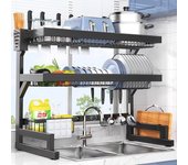 Escurreplatos de 2 niveles para fregadero de cocina, soporte para guardar utensilios y palillos, organizador para tablas de cortar y encimeras.