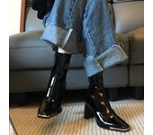 Botas cortas de caballero de charol para mujer, botines de moda con cremalleras laterales, tacón alto grueso, zapatos de otoño e invierno para mujer 35