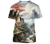Camiseta con estampado 3D de paisaje, camiseta con pintura de arte chino para hombre, camisetas de verano de gran tamaño de manga corta y cuello redondo a la moda XL