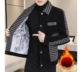 Chaqueta de solapa informal para hombre, moda de otoño e invierno, abrigo de lana grueso y cálido a cuadros ajustado para hombre 4XL negro