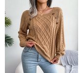 Ropa de moda de invierno para mujer, Jersey informal liso con cuello cuadrado y botones de punto trenzado, Tops de manga larga, suéter para mujer 2022 23721 L blanco
