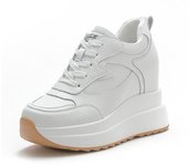 Zapatos de piel auténtica para mujer, zapatillas de deporte de moda, plataforma plana, zapatos casuales de marca para mujer, aumento de altura de 10 cm, negro y blanco 34 negro