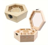 1 caja de madera sin terminar para guardar joyas, de forma hexagonal, para manualidades, con 7 compartimentos y parte superior transparente 1pc
