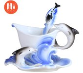 Hola taza de café de Color esmaltado de cerámica con platillo y cuchara, taza de té de delfín, Taza de leche, artículos para beber de regalo
