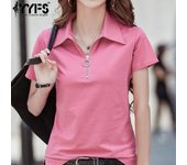 Blusas y camisas de cuello tipo polo de manga corta con estampado de colores sólidos para verano y primavera para mujer de YYFS M