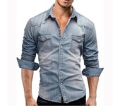 Camisa vaquera informal lavada de corte entallado para hombre XL gris claro