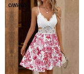 Vestido corto de verano con escote en V y volantes calados para mujer, vestido sexy con encaje y escote halter S rojo