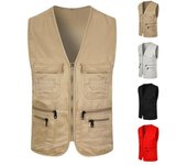 Chaleco de carga de verano para hombre, chaleco deportivo con cuello en V sin mangas y múltiples bolsillos, solapa con cremallera de Color sólido, chaleco de seguridad voluntario L caqui