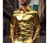 Camisa de rendimiento para hombre, superficie brillante, cuello vuelto, un solo pecho, botones de manga larga, satén, fiesta, espectáculo de escenario M plata
