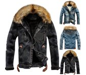 Chaqueta con capucha de mezclilla con botón de enjuague para otoño e invierno para hombre XXXXL negro