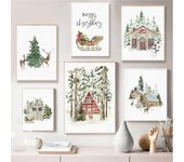 Pinturas Arte de pared Imágenes de granjas navideñas Bosque Ciervos Carteles e impresiones del bosque Pinturas en lienzo de invierno Decoración del hogar 21X30cm No Frame