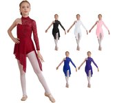 Leotardos de gimnasia para niñas, vestido de baile lírico de Ballet de manga larga asimétrico, disfraz de escenario de patinaje artístico 7-8 Years borgoña