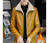 Chaqueta de cuero para motocicleta para hombre, abrigo con solapa de cuero PU, prendas de vestir, chaqueta de béisbol cálida, chaqueta masculina, abrigo grueso de lana Vintage para hombre S