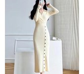 Vestido tipo suéter de punto estilo POLO vintage francés para mujer, otoño/invierno, liso, manga larga, largo medio, jersey para mujer One Size rojo