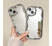 Funda de teléfono con espejo de maquillaje con marco de onda de moda para iPhone 16 Pro Max 15 14 13 Pro 12 Mini 11 XS XR 8 7, cubierta protectora de lente a prueba de golpes brillante iPhone 13 Pro Max plata