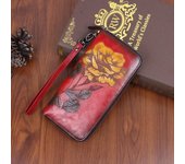 Carteras largas con diseño vintage y estampado de flores para mujer, de piel auténtica, con cremallera, tarjetero de moda 20cm*10cm*2.5cm café