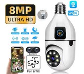 Cámara de vigilancia con wifi y bombilla E27, cámara de doble lente para hogar inteligente de 8 MP, compatible con audio bidireccional, visión nocturna a color, video CCTV de seguridad Camera