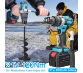 Taladro de impacto multifuncional 3 en 1 para el hogar, taladro de percusión de 13mm, 21V, 120Nm, Mini destornillador eléctrico EU Plug 2pcs batteries